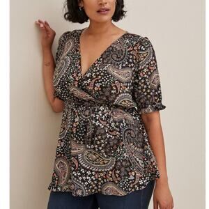 Torrid Black Floral Paisley Puff Sleeve Blouse Womens Size 3X Georgette Boho Top